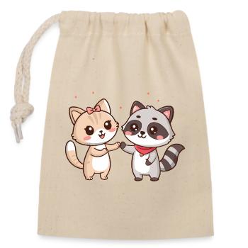 Amitié Kawaii: Chat et Raton-Laveur - Sac cadeau en coton avec cordon (14 x 20 cm) - nature - Devant
