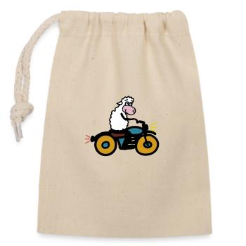 Cuddly sheep on motorcycle - Closable cotton gift bag (14x20cm) - nature - Front