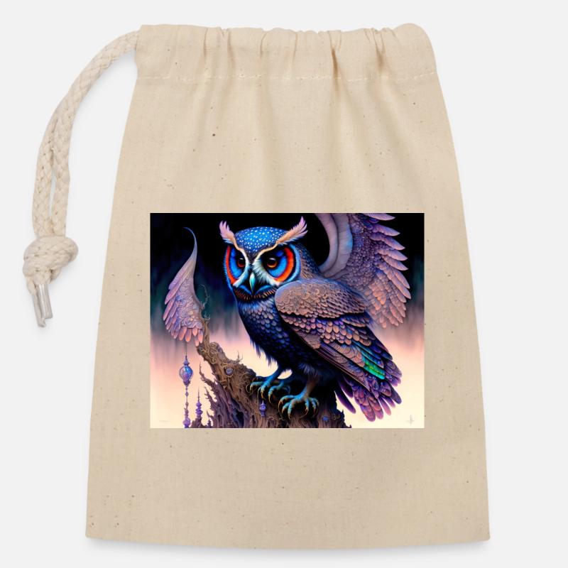 Hibou - Sac cadeau en coton avec cordon (14 x 20 cm) - nature
