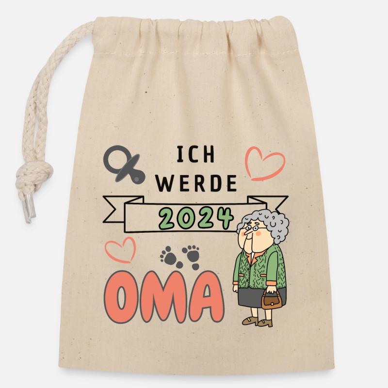 Ich werde 2024 Oma - Verschließbarer Geschenkbeutel aus Baumwolle (14x20cm) - Natur
