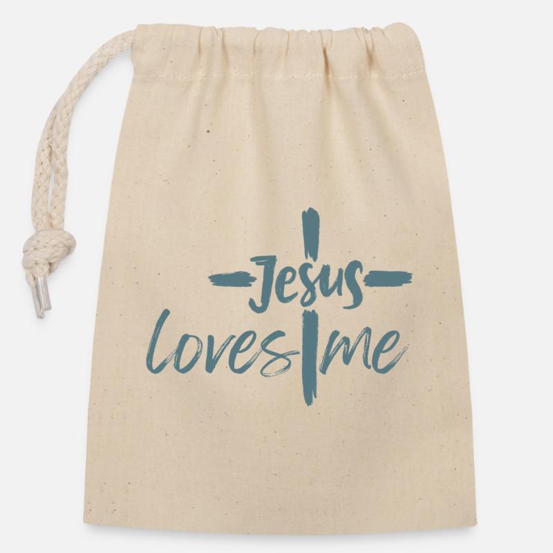 Jesus loves me - Closable cotton gift bag (14x20cm) - nature