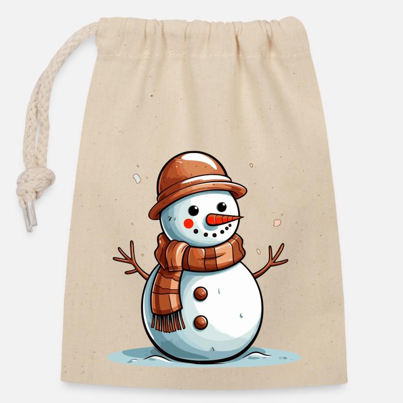 Schneemann mit braunem Schal - Verschließbarer Geschenkbeutel aus Baumwolle (14x20cm) - Natur