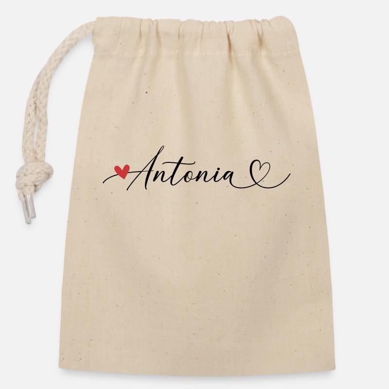 Antonia surname First name Calligraphy heart - Closable cotton gift bag (14x20cm) - nature