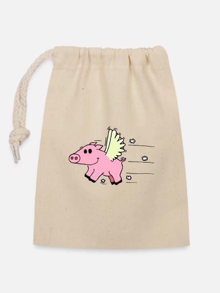 Flying Pig - Verschließbarer Geschenkbeutel aus Baumwolle (14x20cm) - Natur