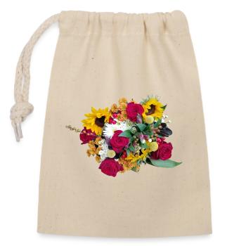Farbwildes Blütenbouquet Rosen Sonnenblumen - Verschließbarer Geschenkbeutel aus Baumwolle (14x20cm) - Natur - Vorne