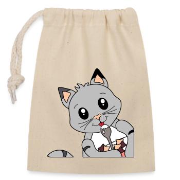 Katze beim Frühstücken - Geschenk für Katzenmamas - Verschließbarer Geschenkbeutel aus Baumwolle (14x20cm) - Natur - Vorne