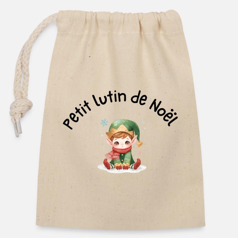 Petit lutin de Noël - Sac cadeau en coton avec cordon (14 x 20 cm) - nature