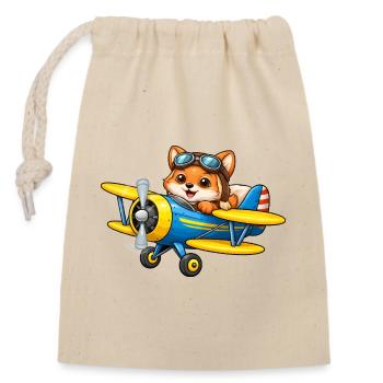 Dessin animé Fox Pilot Biplane Avion - Sac cadeau en coton avec cordon (14 x 20 cm) - nature - Devant