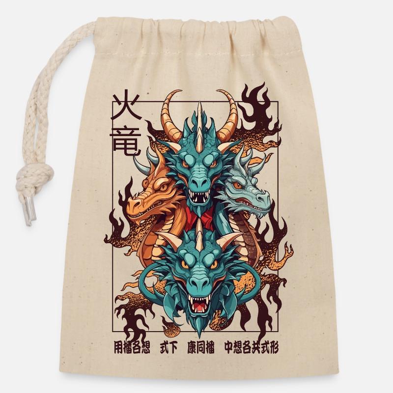 Dragons chinois - Sac cadeau en coton avec cordon (14 x 20 cm) - nature
