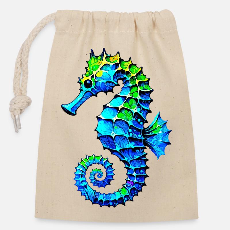 Hippocampe - Sac cadeau en coton avec cordon (14 x 20 cm) - nature