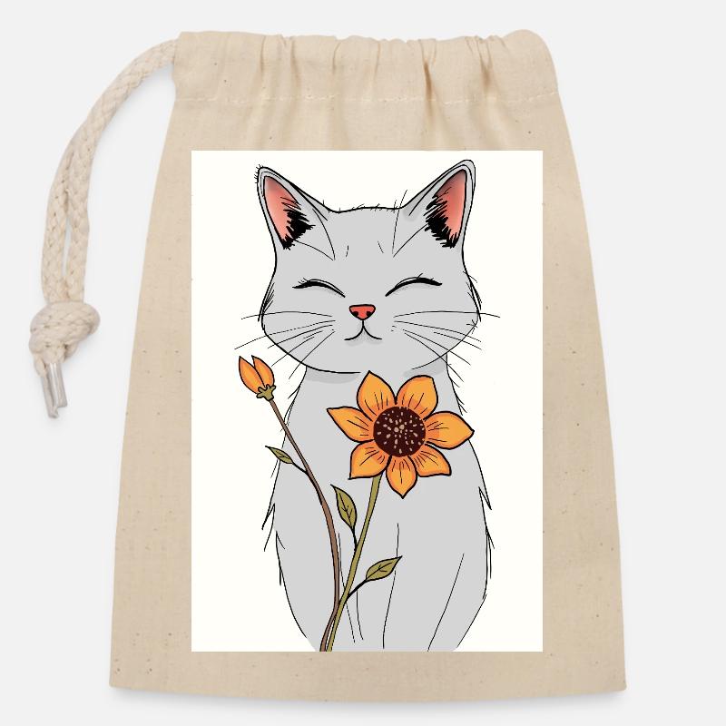 Serene Cat with Sunflower - Closable cotton gift bag (14x20cm) - nature