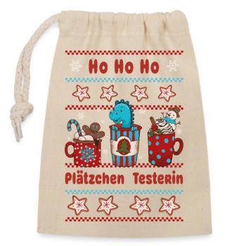 Hohoho cookie tester with funny dinosaur - Closable cotton gift bag (14x20cm) - nature - Front