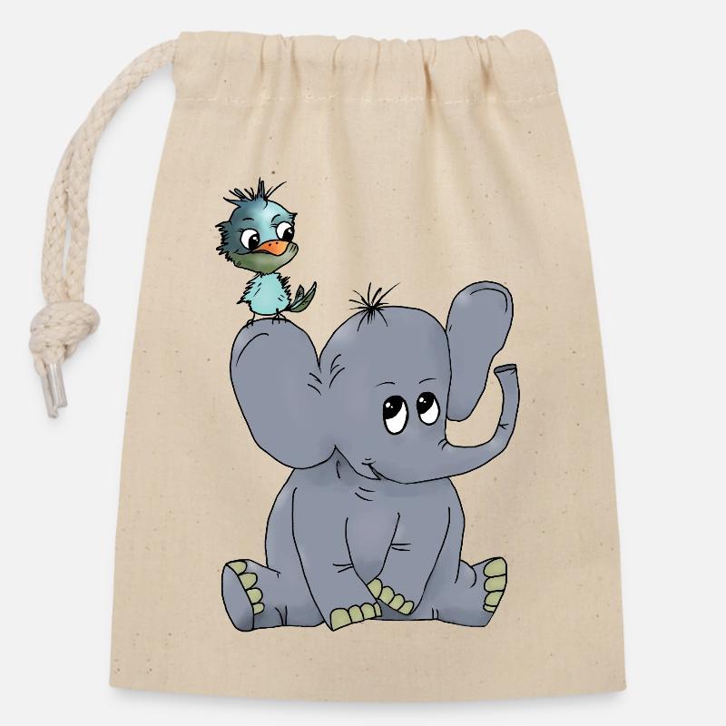Elefant_mit_Vogel - Sac cadeau en coton avec cordon (14 x 20 cm) - nature