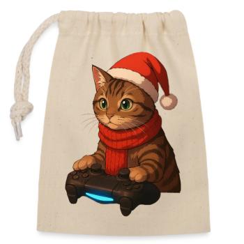 Katzen-Gamer im Weihnachtslook - Verschließbarer Geschenkbeutel aus Baumwolle (14x20cm) - Natur - Vorne