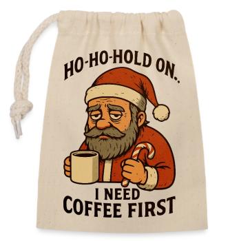 Christmas Santa Coffee First - Closable cotton gift bag (14x20cm) - nature - Front