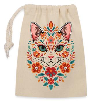 Flower Cat Head Folk Art Pattern - Closable cotton gift bag (14x20cm) - nature - Front