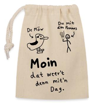Pommes Deev Möw – Lustiger Plattdeutsch Spruch Möw - Verschließbarer Geschenkbeutel aus Baumwolle (14x20cm) - Natur - Vorne