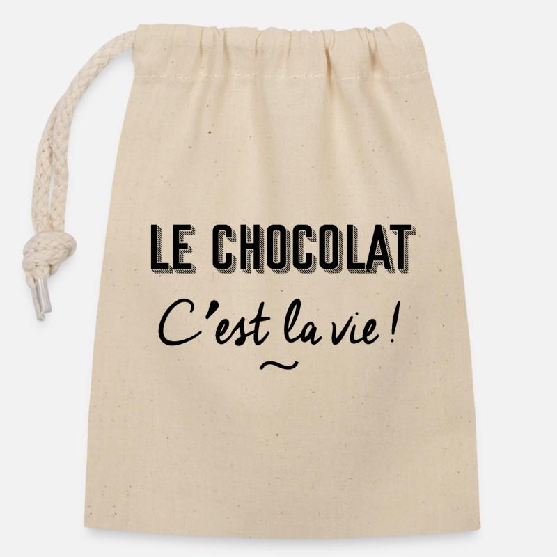 Le chocolat c'est la vie ! - Sac cadeau en coton avec cordon (14 x 20 cm) - nature