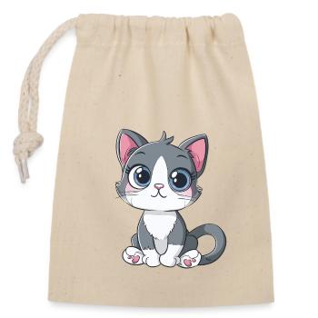 Cute cat with big eyes and paw hearts - Closable cotton gift bag (14x20cm) - nature - Front