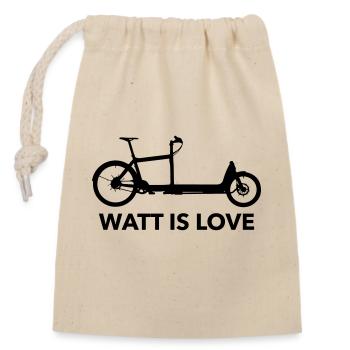 Watt is Love Cargobike - Verschließbarer Geschenkbeutel aus Baumwolle (14x20cm) - Natur - Vorne