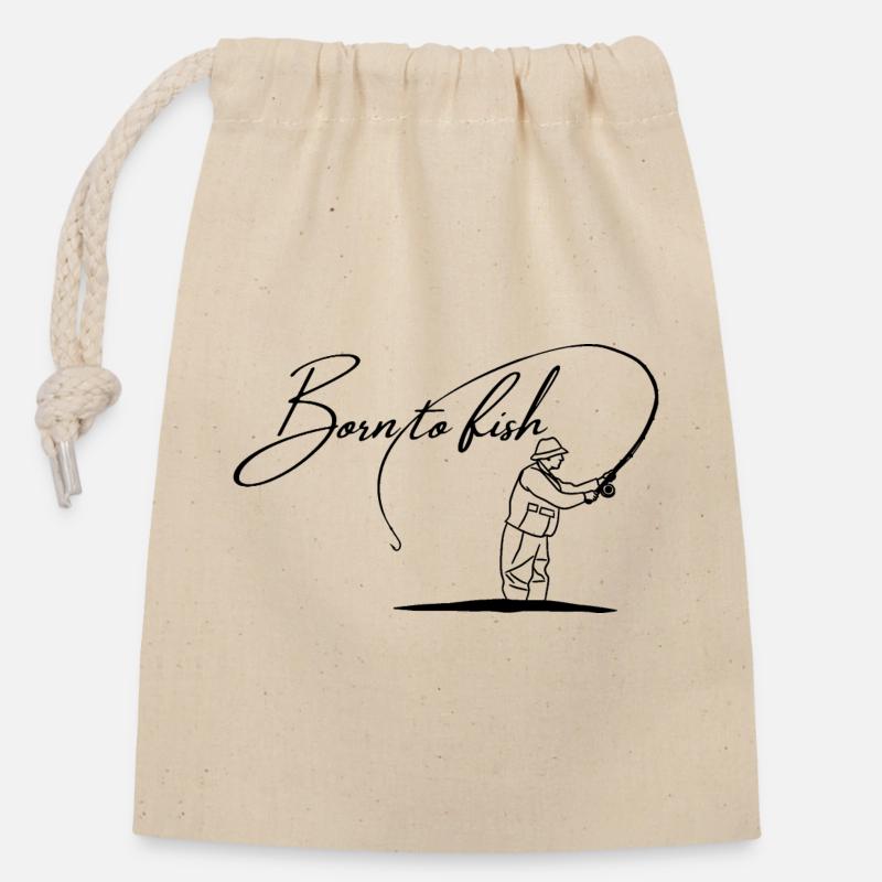 Né pour pêcher - Sac cadeau en coton avec cordon (14 x 20 cm) - nature