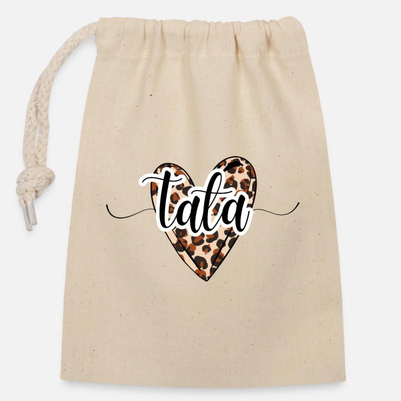 Tata coeur léopard tendance - Sac cadeau en coton avec cordon (14 x 20 cm) - nature