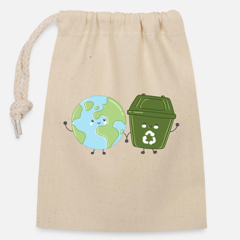 Recycling on earth hand in hand - Closable cotton gift bag (14x20cm) - nature