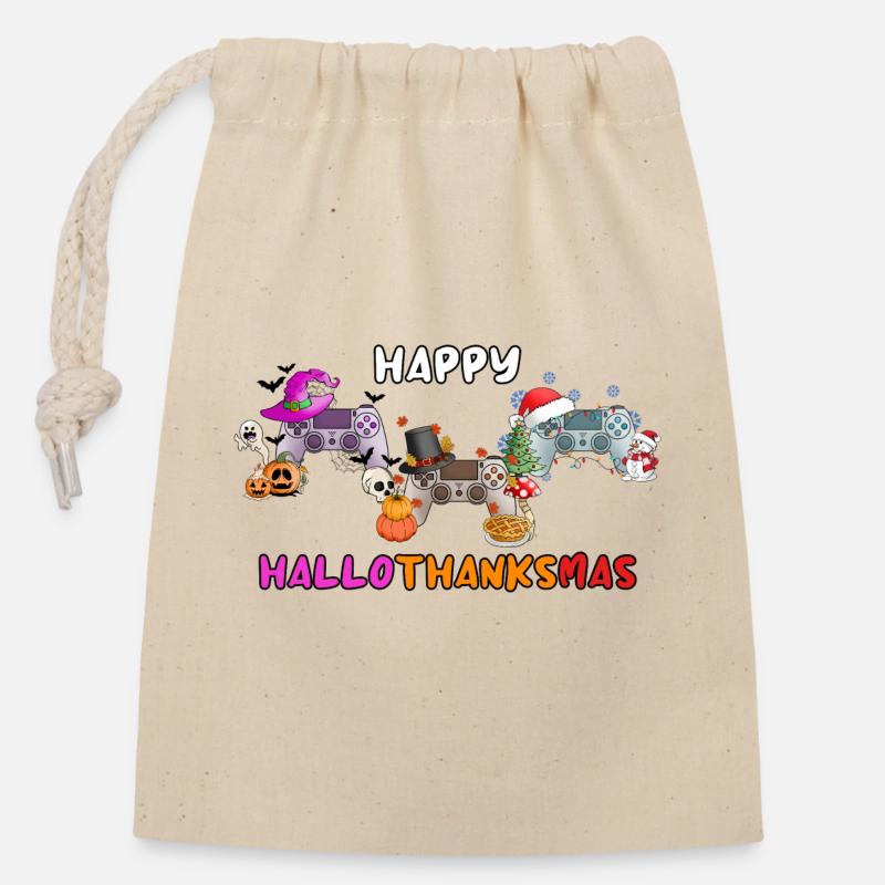 Happy Hallothankmas Game Controller - Closable cotton gift bag (14x20cm) - nature