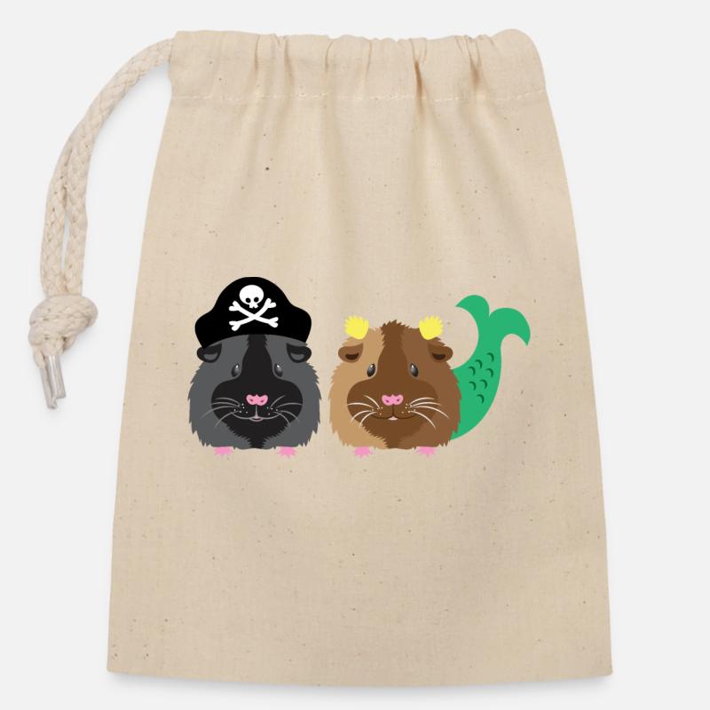 Cochon d’Inde à barbe noire avec cochon d’Inde sirène - Sac cadeau en coton avec cordon (14 x 20 cm) - nature