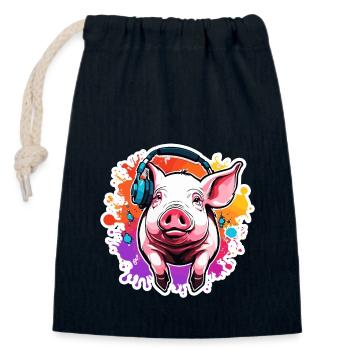 Headphones / Audio / Music / Animal / Pig / Cool - Closable cotton gift bag (14x20cm) - navy - Front