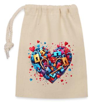 Shoulder Lock / Key / Heart Lock / Motif - Closable cotton gift bag (14x20cm) - nature - Front