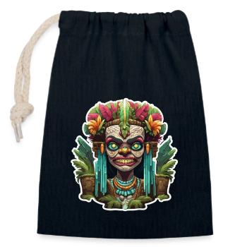 Tiki / Hawaï / Tropical / Île / Culture / Logo - Sac cadeau en coton avec cordon (14 x 20 cm) - bleu marine - Devant