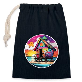 Lakeside House / Cabin / Lake / Mountains / Nature /Forest - Closable cotton gift bag (14x20cm) - navy - Front