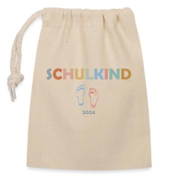 "Schoolchild" lettering with feet - Closable cotton gift bag (14x20cm) - nature - Front