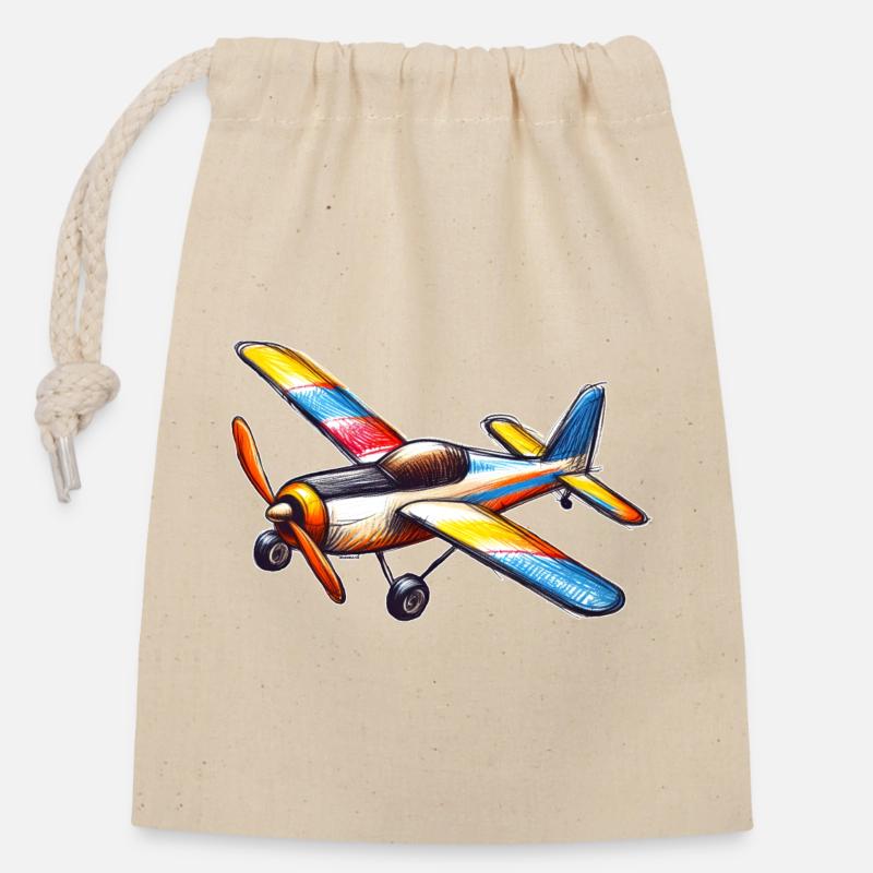 Avion - Sac cadeau en coton avec cordon (14 x 20 cm) - nature