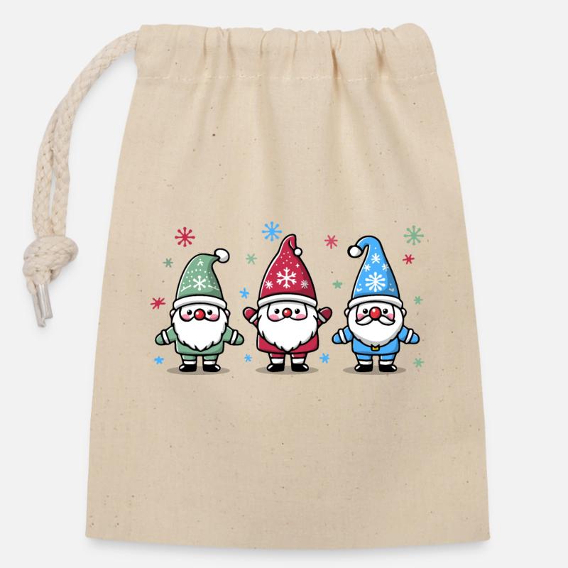 Nains de Noël - Sac cadeau en coton avec cordon (14 x 20 cm) - nature