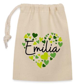 Design de nom Emilia avec des cœurs verts en forme de cœur - Sac cadeau en coton avec cordon (14 x 20 cm) - nature - Devant