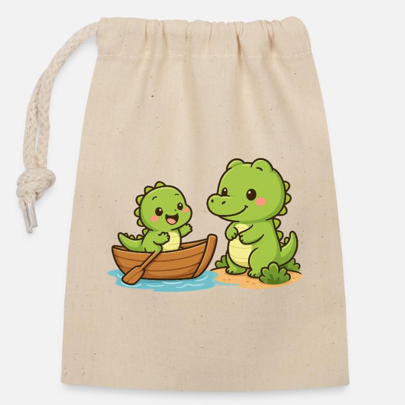 Une maman crocodile fait de la voile avec son bébé - Sac cadeau en coton avec cordon (14 x 20 cm) - nature