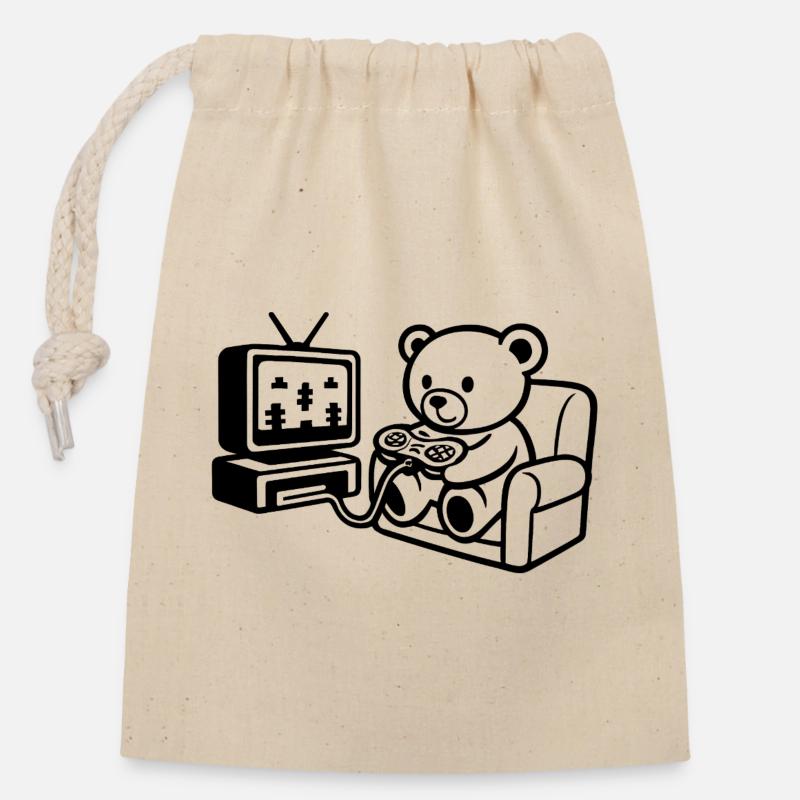 Gamer Teddy - Verschließbarer Geschenkbeutel aus Baumwolle (14x20cm) - Natur