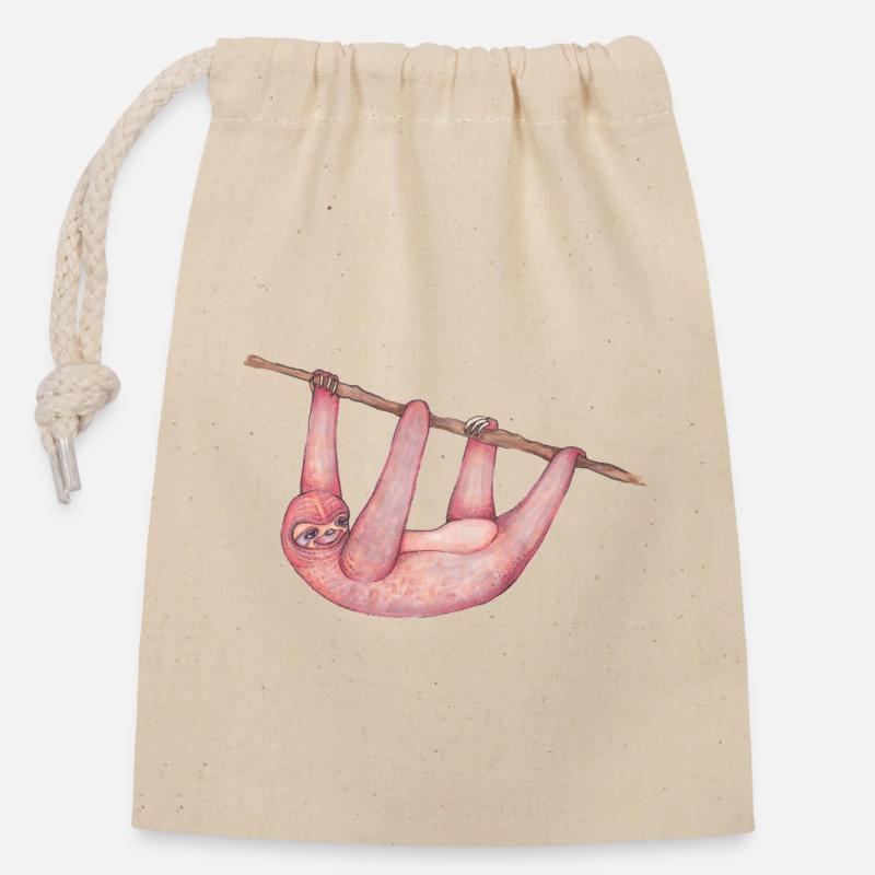 Paresse rose - Sac cadeau en coton avec cordon (14 x 20 cm) - nature