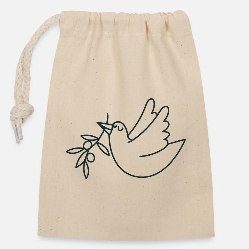 Colombe heureuse avec un rameau d’olivier - Sac cadeau en coton avec cordon (14 x 20 cm) - nature