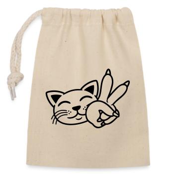 Signe de la main Paix Chat Visage - Sac cadeau en coton avec cordon (14 x 20 cm) - nature - Devant
