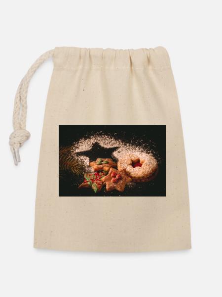 Biscuits de Noël - Sac cadeau en coton avec cordon (14 x 20 cm) - nature