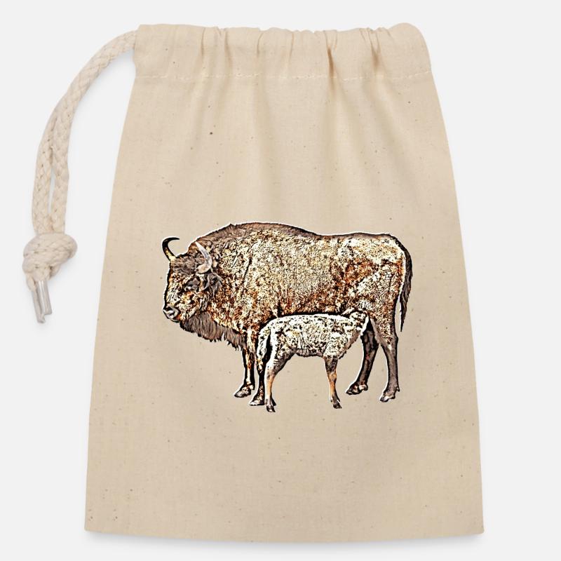 Bison mit Kalb - Verschließbarer Geschenkbeutel aus Baumwolle (14x20cm) - Natur