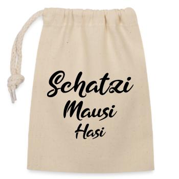 Schatzi Mausi Hasi black - Verschließbarer Geschenkbeutel aus Baumwolle (14x20cm) - Natur - Vorne