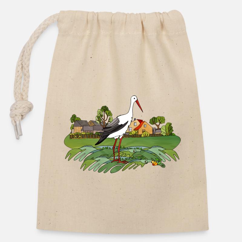 Oiseau cigogne - Sac cadeau en coton avec cordon (14 x 20 cm) - nature