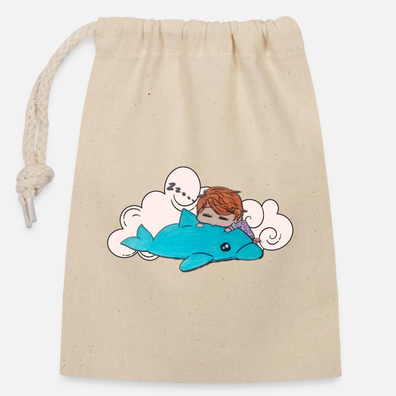 Enfant endormi sur un dauphin bleu - Sac cadeau en coton avec cordon (14 x 20 cm) - nature
