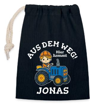 Jonas Vorname Traktor - Verschließbarer Geschenkbeutel aus Baumwolle (14x20cm) - Navy - Vorne