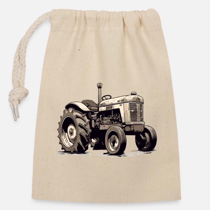 Tracteur à l'ancienne - Sac cadeau en coton avec cordon (14 x 20 cm) - nature