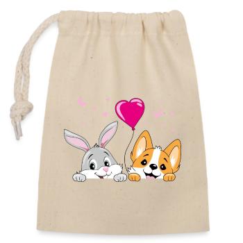 Lapin souriant et chien corgi avec ballon - Sac cadeau en coton avec cordon (14 x 20 cm) - nature - Devant
